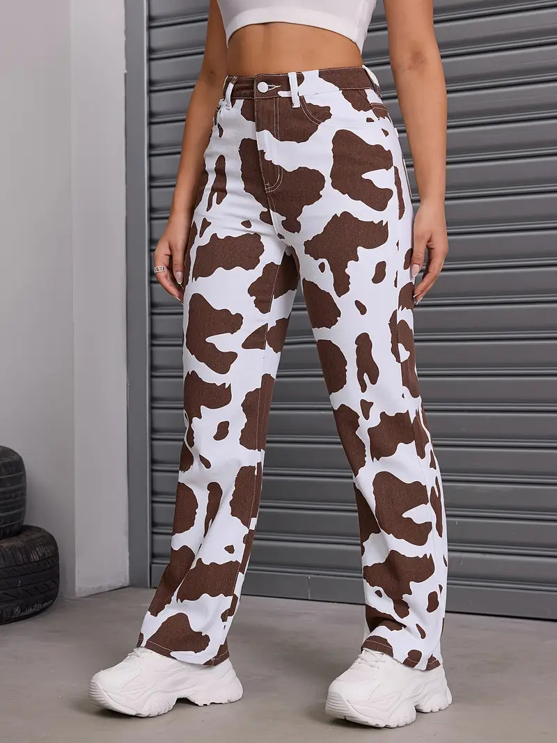 Cow Print Casual Straight Jeans Loose Fit Non stretch Niche - Temu | Temu Affiliate Program