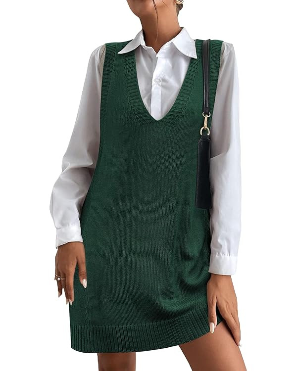 HOTOUCH Women Sweater Vest Oversized V Neck Sleeveless Knit Pullover Ribbed Vest Dress with Pocke... | Amazon (US)