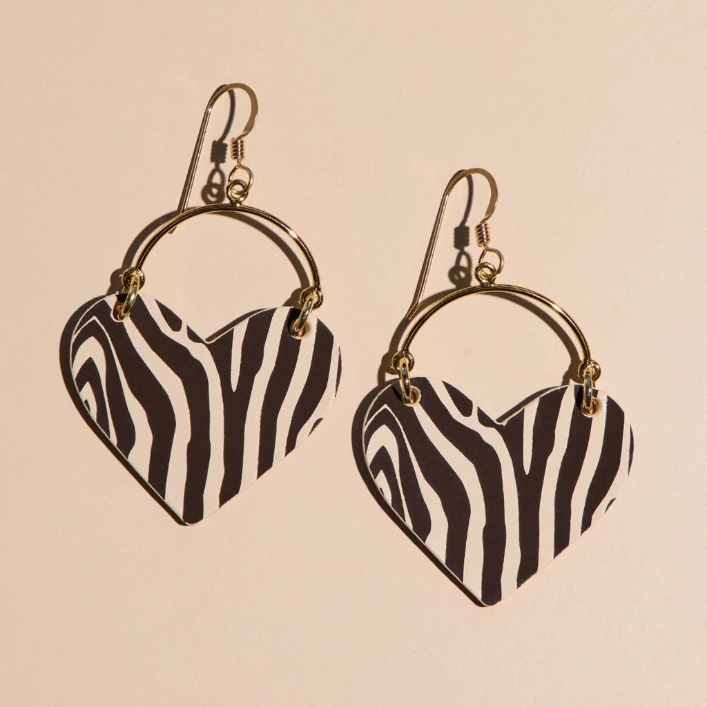 Ecru & Brown Zebra Lover Heart Hoop Earrings | Nickel and Suede