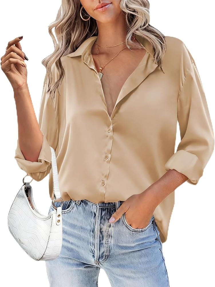 HOTOUCH Women Satin Silk Button Down Shirt Ladies Long Sleeve Tops V Neck Loose Blouse Dressy Bus... | Amazon (US)