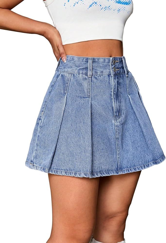 WDIRARA Women's High Waist Button Pleated Hem Skater A Line Streetwear Mini Denim Skirt | Amazon (US)