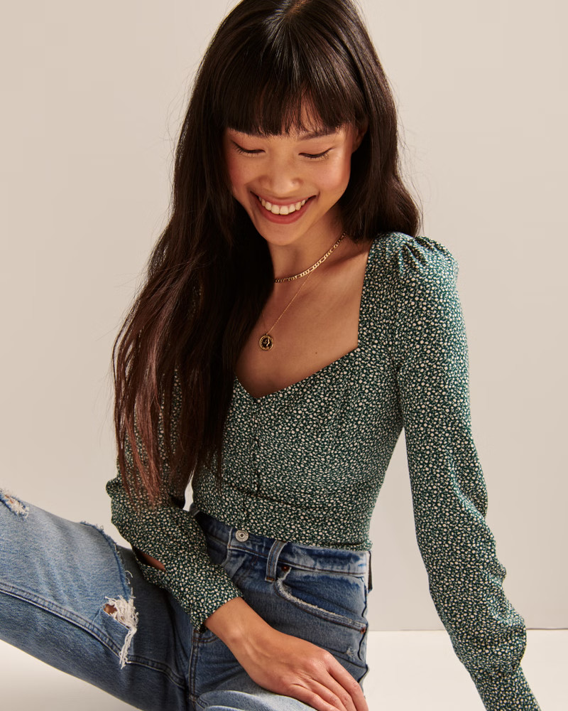 Women's Long-Sleeve Button-Through V-Neck Top | Women's Up To 50% Off Select Styles | Abercrombie... | Abercrombie & Fitch (US)