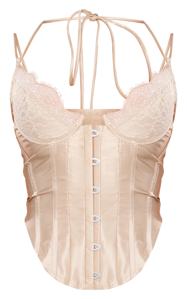 Stone Satin Lace Cup Hook & Eye Corset | PrettyLittleThing US