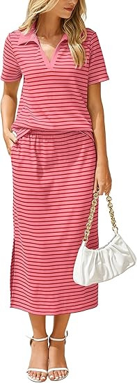 Glamaker Womens Skirt Sets 2 Piece Outfits 2025 Summer Casual Striped Short Sleeve Skirt And Top ... | Amazon (US)