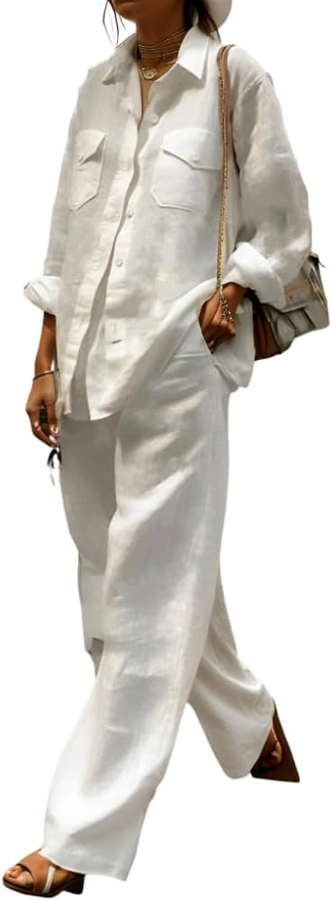 Womens Cotton Linen 2 Piece Sets Button Down Long Sleeve Shirt Elastic Waist Wide Leg Trousers Lo... | Amazon (US)