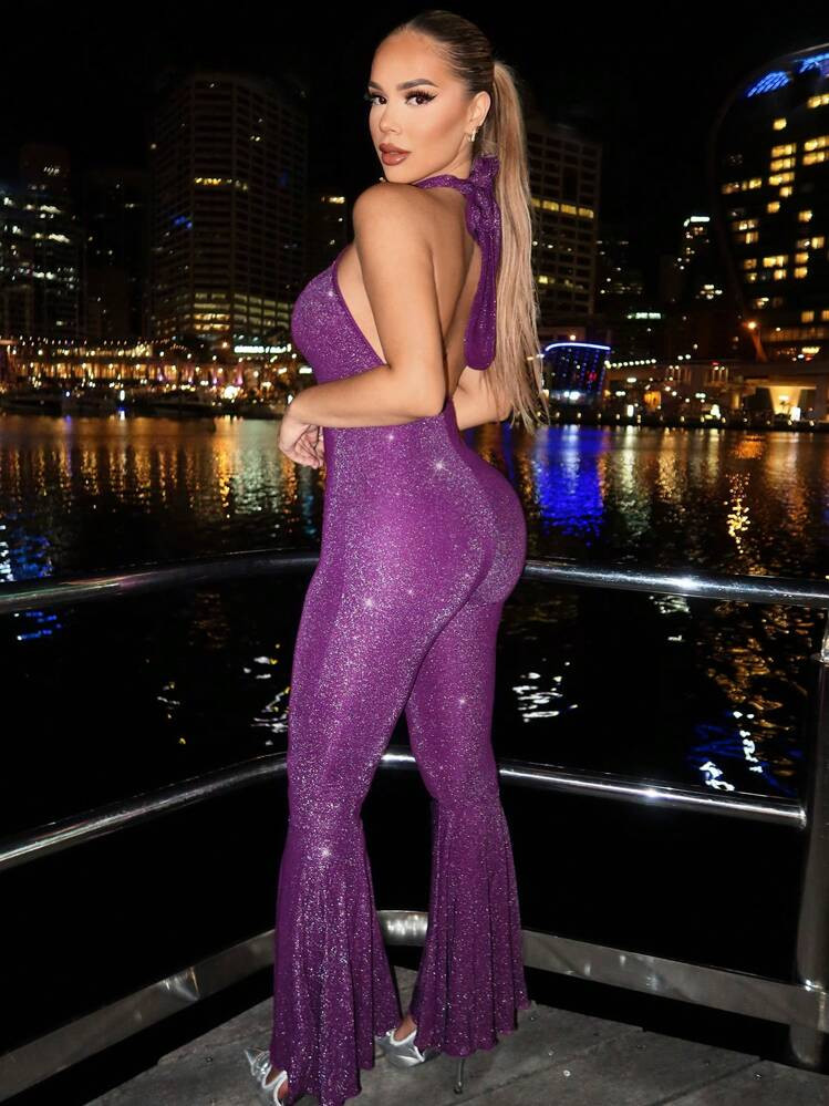 SHEIN SXY Women's Summer Sparkly Party Cross Halter Flare Jumpsuit | SHEIN