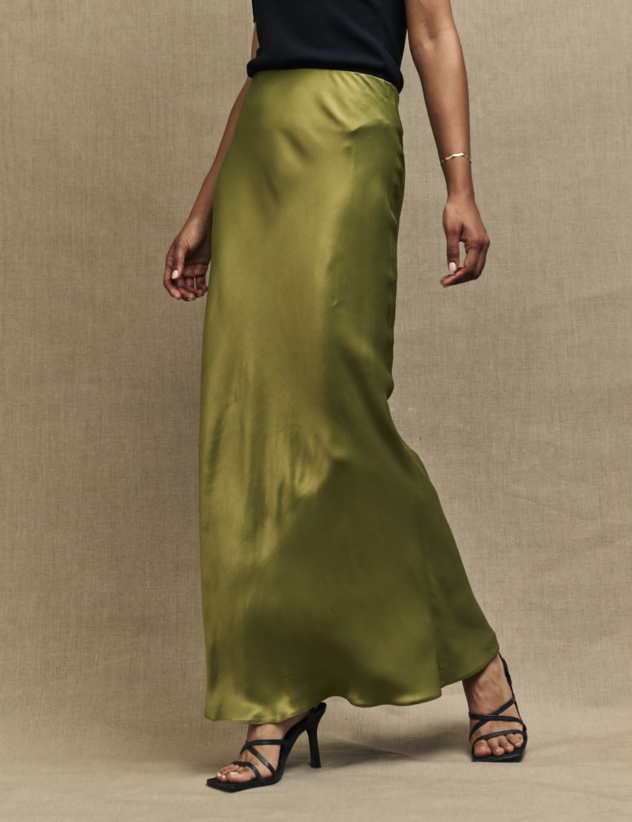 Olive Green Mila Satin Maxi Skirt | Nobody's Child