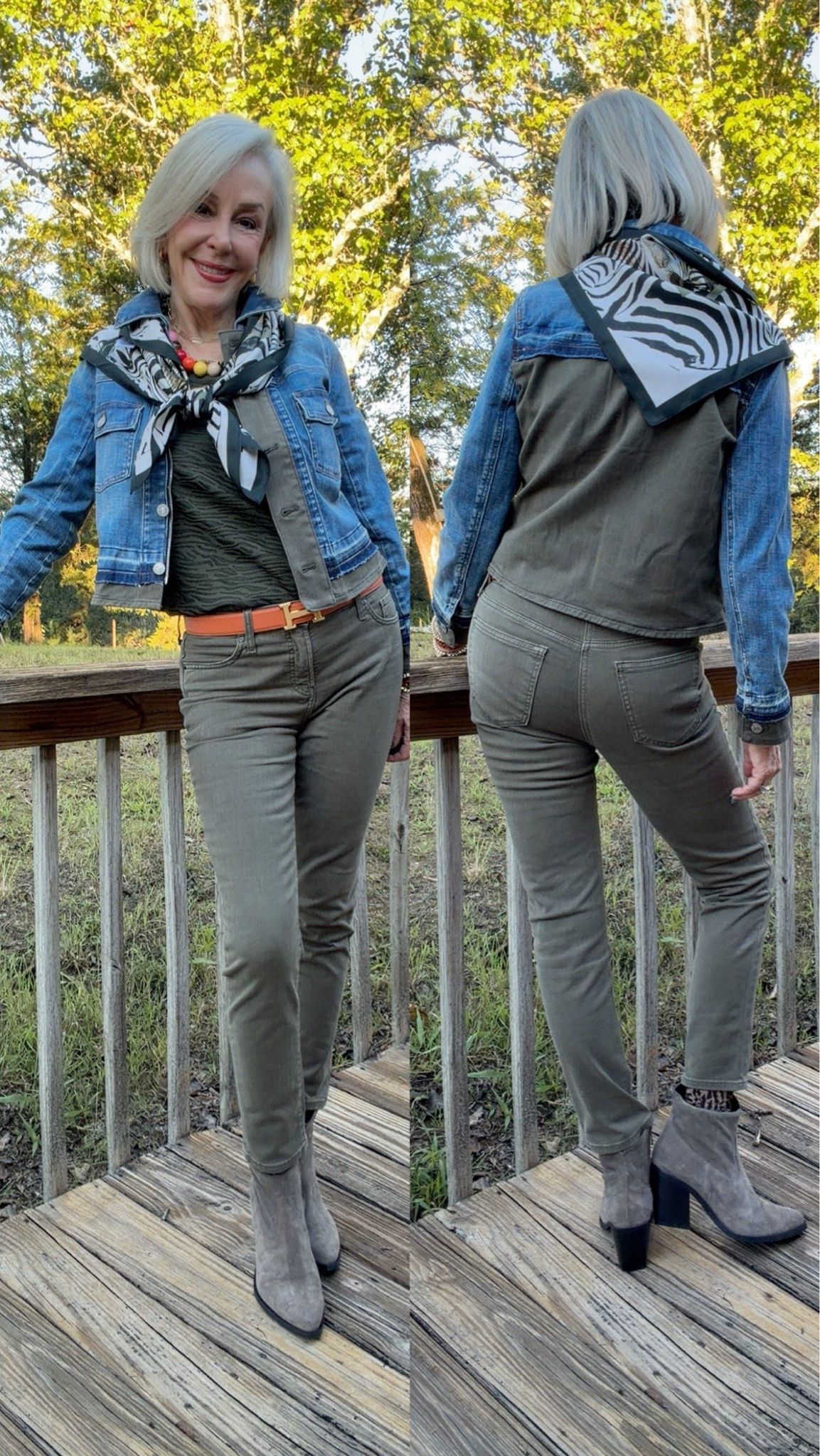Tennessee style- Olive slim cut jeans, zebra print knit tank, denim jacket trimmed in olive green. All by Chico’s. I wear a size 0 in Chico’s unique sizing. Beautiful animal print scarf
Suede booties from Saint and Sophia.

#LTKOver40 #LTKSeasonal #LTKootd