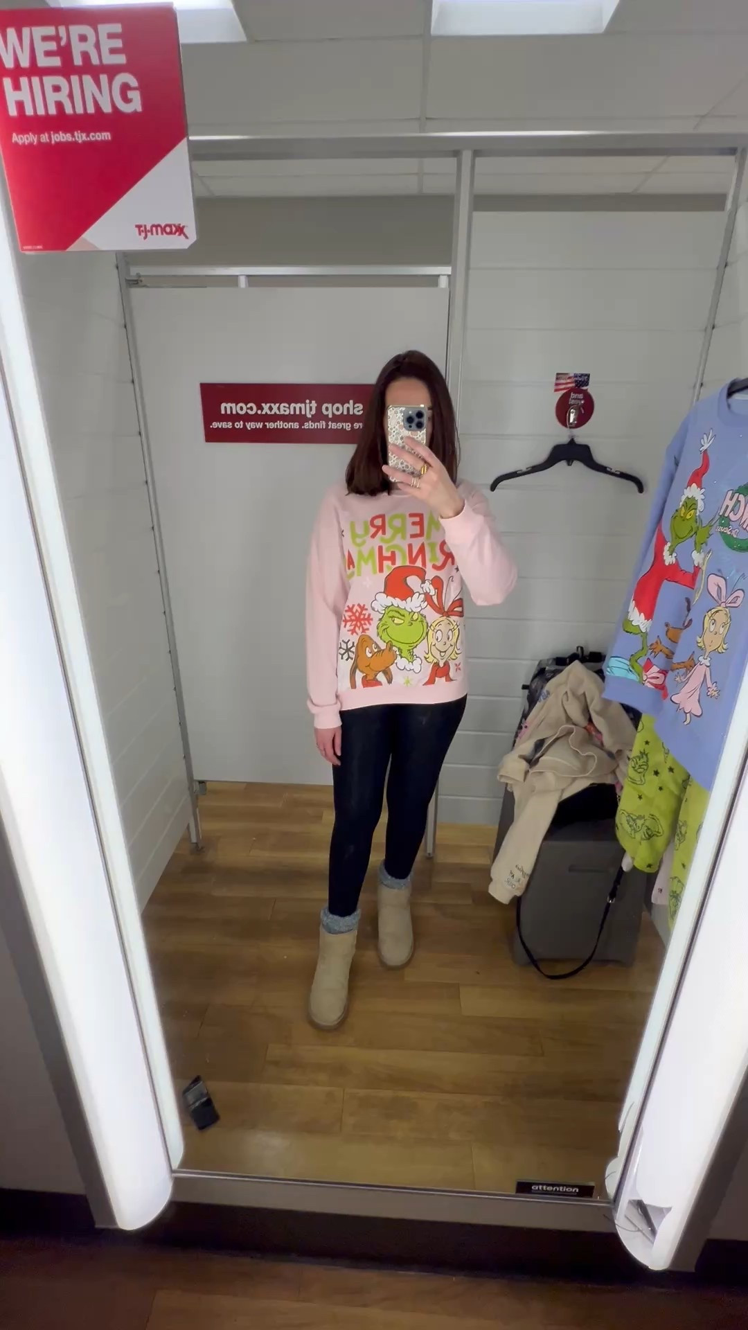 Pink Grinch sweatshirt (small). Black faux leather leggings (small). Mini Uggs (9). #sweatshirt #grinchsweatshirt #pinksweatshirt #leggings #fauxleatherleggings #blackleggings #miniuggs #uggs #holidayoutfit #christmasoutfit 

#LTKFindsUnder100 #LTKSeasonal #LTKHoliday