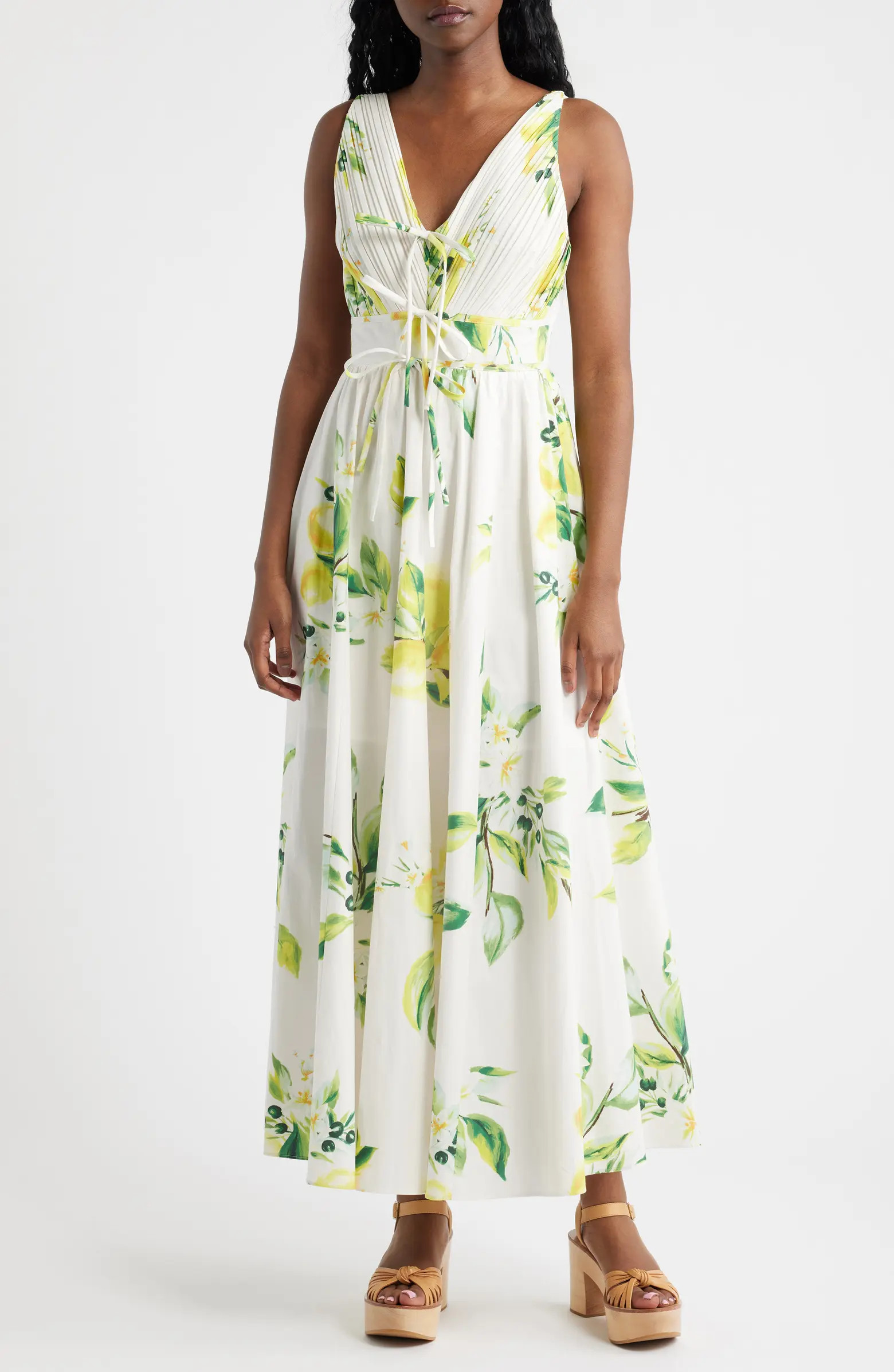 MOON RIVER Plissé Tie Front Cotton Maxi Dress | Nordstrom | Nordstrom