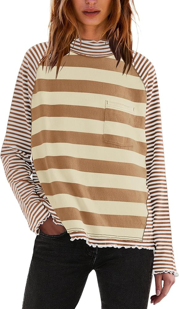 Panadila Womens Long Sleeve Striped Shirts Turtleneck Raglan Shirt Cute Color Block Tunic Tops Lo... | Amazon (US)