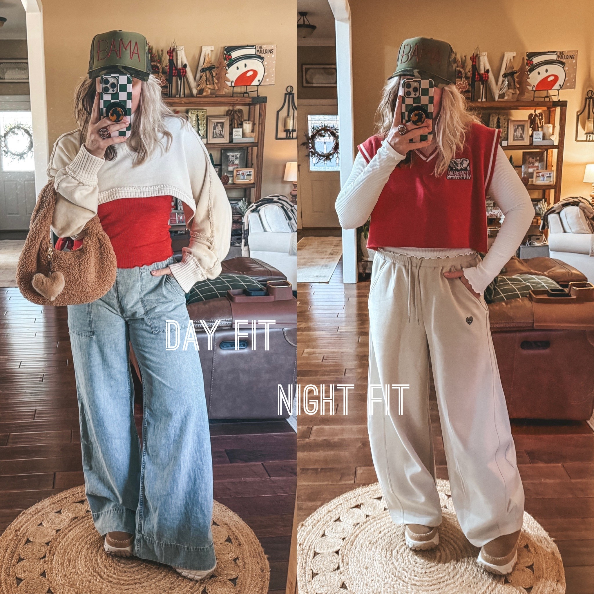 My daytime errands fit and my night time birthday & Bama game fit 
•Pull on jeans M
•Red tee M
•Creamy white bolero is older from free people but linked another style 

•Mens Alabama vest is vintage and I cut the bottom off 
•White ruffle edge long sleeve 
•Barrel sweatpants M
•Uggs I size down half size 


#LTKOver40 #LTKootd #LTKFindsUnder100