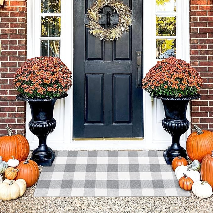 KIMODE Fall Front Door Mat Buffalo Plaid Outdoor Rug 24"x51" Grey and White Checkered Rug Farmhou... | Amazon (US)