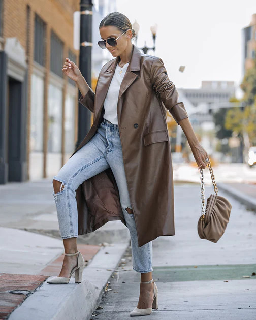 Top Of The Press Pocketed Faux Leather Trench Coat - Chestnut | VICI