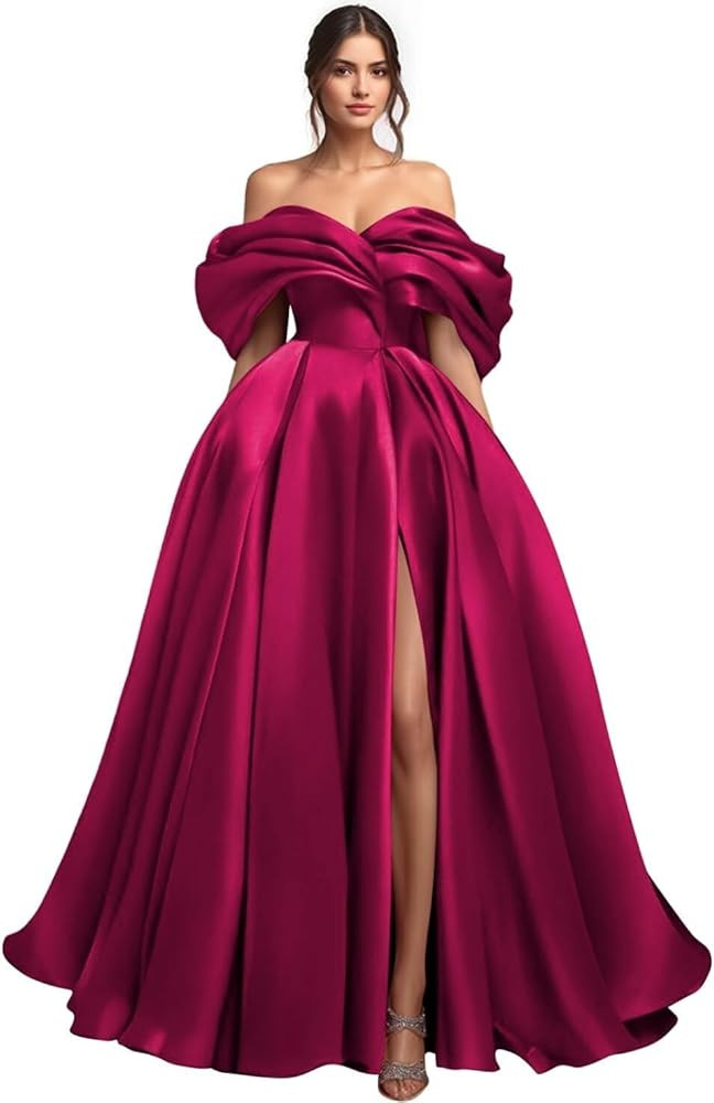 Women's Satin Puffy Off Shoulder Prom Dresses 2026 Long High Slit Formal Wedding Dress Ball Gown ... | Amazon (US)