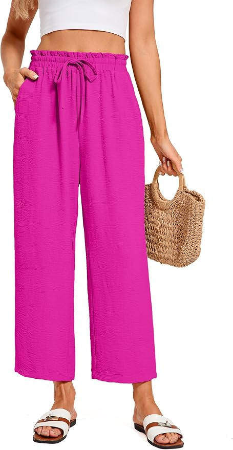 Women Summer Cropped Palazzo Pants Casual Wide Leg Flowy Ankle Pants Elastic Waist Beach Work Tro... | Amazon (US)