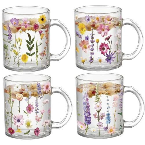 Tioncy 4 Pcs Spring Daisy Coffee Mugs 12 oz Floral Glass Cups with Handle Spring Floral Coffee Cup Flower Mug Sweet Gifts Drinking Containers for Holiday Party | Amazon (US)