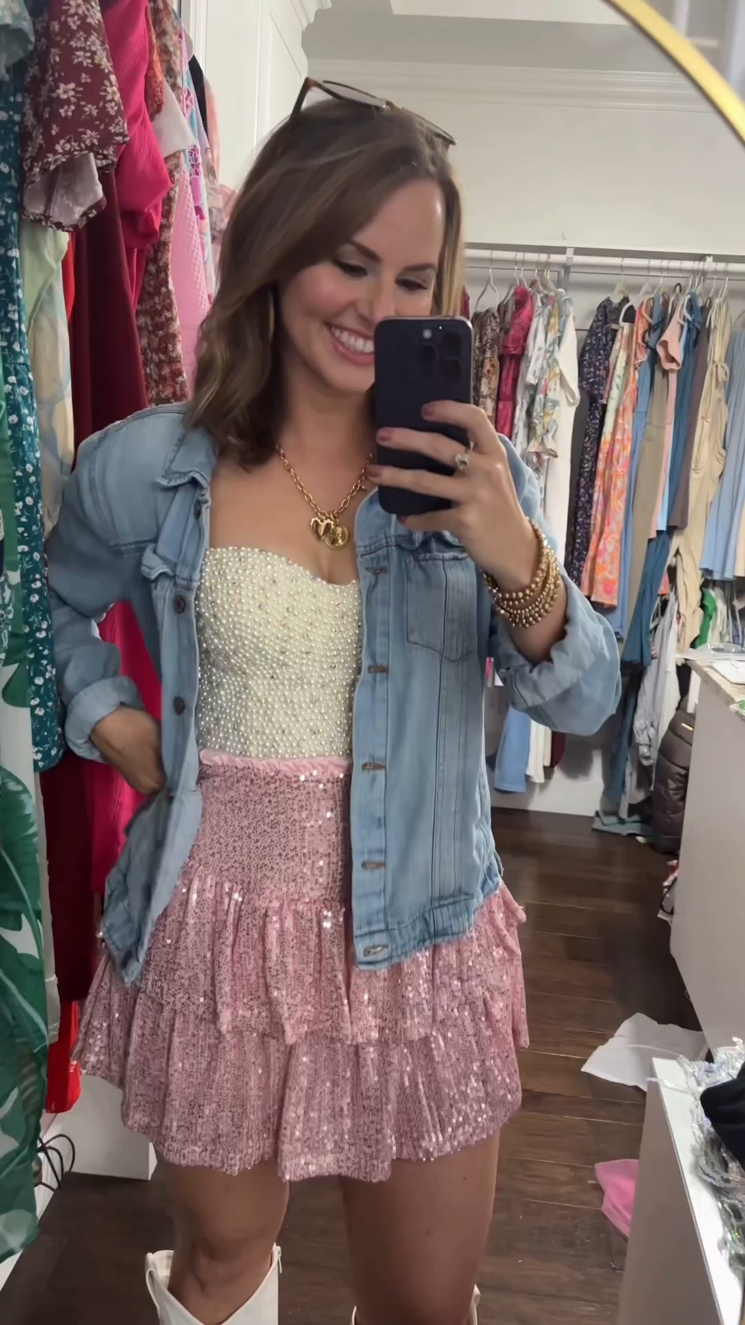 My outfit pick for a girly country concert! 💞🎶🤠 Outfits ideas for Ella Langley, Megan Maloney, Lainey Wilson or Emily Anne Roberts concert! 🎤 

Pink sequin sparkle skirt, pearl corset tank, denim jacket and white cowgirl boots. Now I just need a concert to go to! 🤩

#LTKgrwm #LTKSeasonal #LTKootd