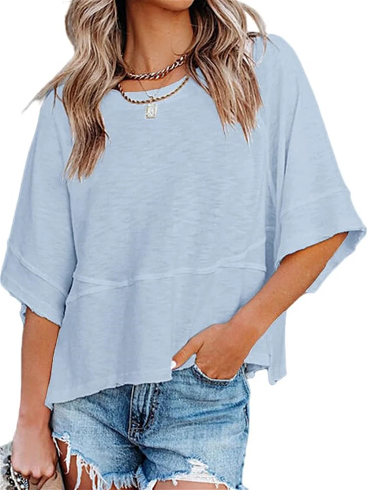 Summer Oversize Women Solid Color Half Sleeve Loose Shirt Tee Casual Tops | Walmart (US)