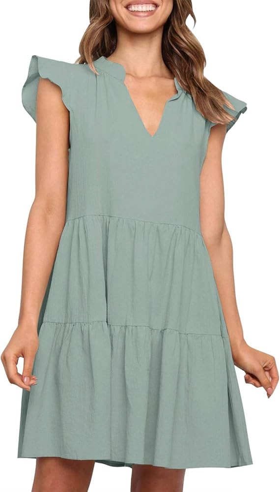 ZESICA Women's Summer Boho V Neck Sleeveless Ruffle Swing A Line Beach Mini Dress | Amazon (US)