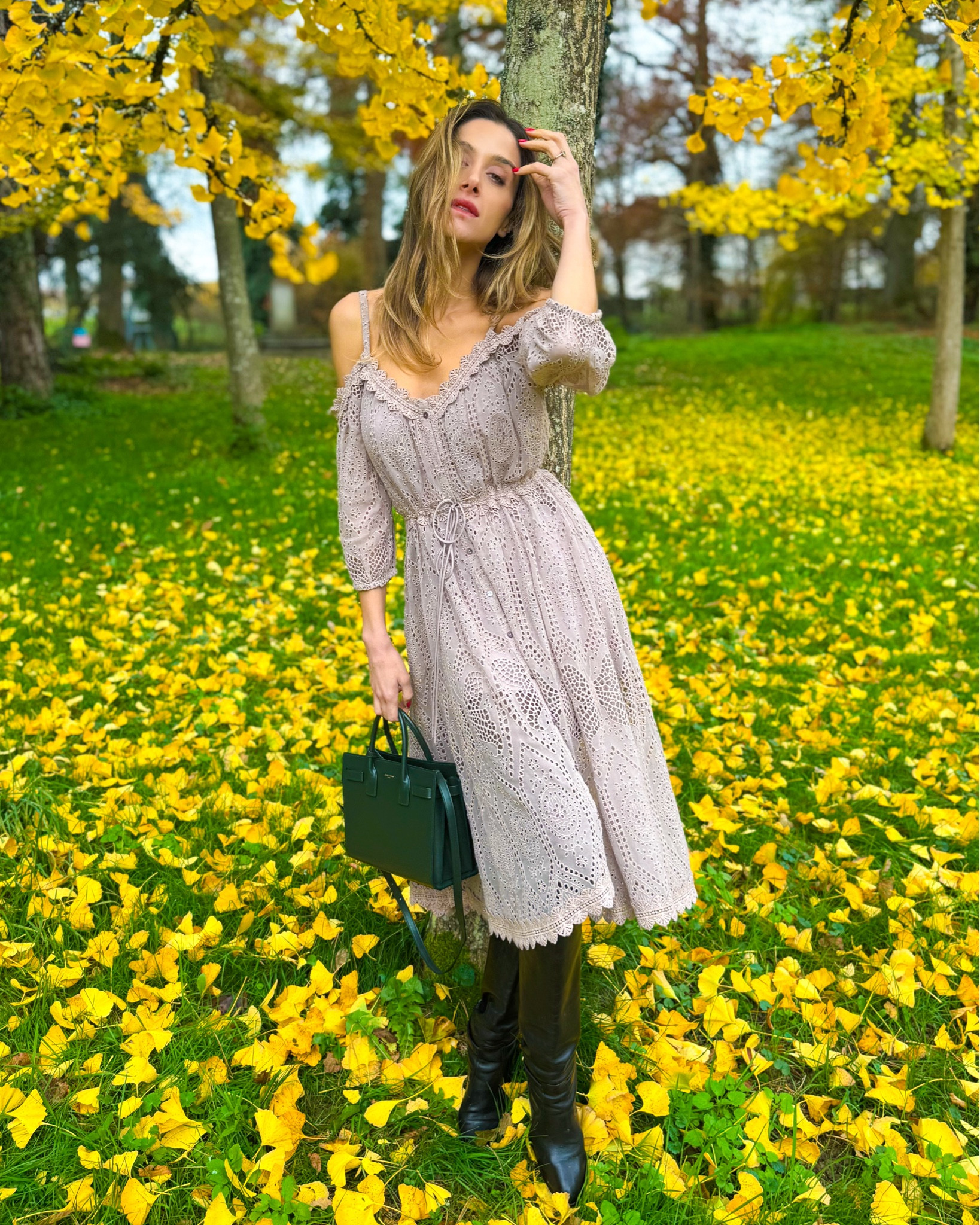 Autumn neutral look — taupe eyelet (broderie anglaise) midi under a black leather jacket, grounded with knee-high boots and a deep-green Sac de Jour. 

fall outfit idea, leather jacket outfit, knee-high boots outfit, eyelet dress, neutral chic, French-inspired style, Saint Laurent bag

#LTKautumn #LTKbag #LTKeurope