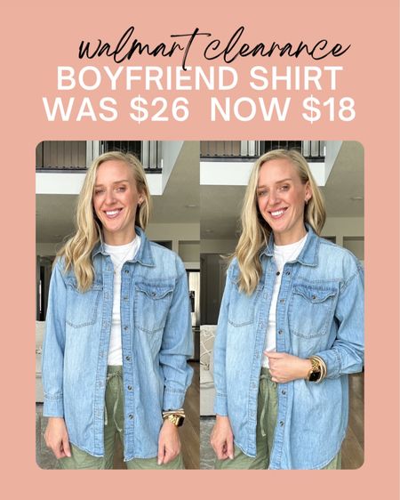 Walmart clearance now $18 boyfriend shirt. Runs oversized, I’m wearing a size small 

#LTKstyletip #LTKsalealert #LTKfindsunder50