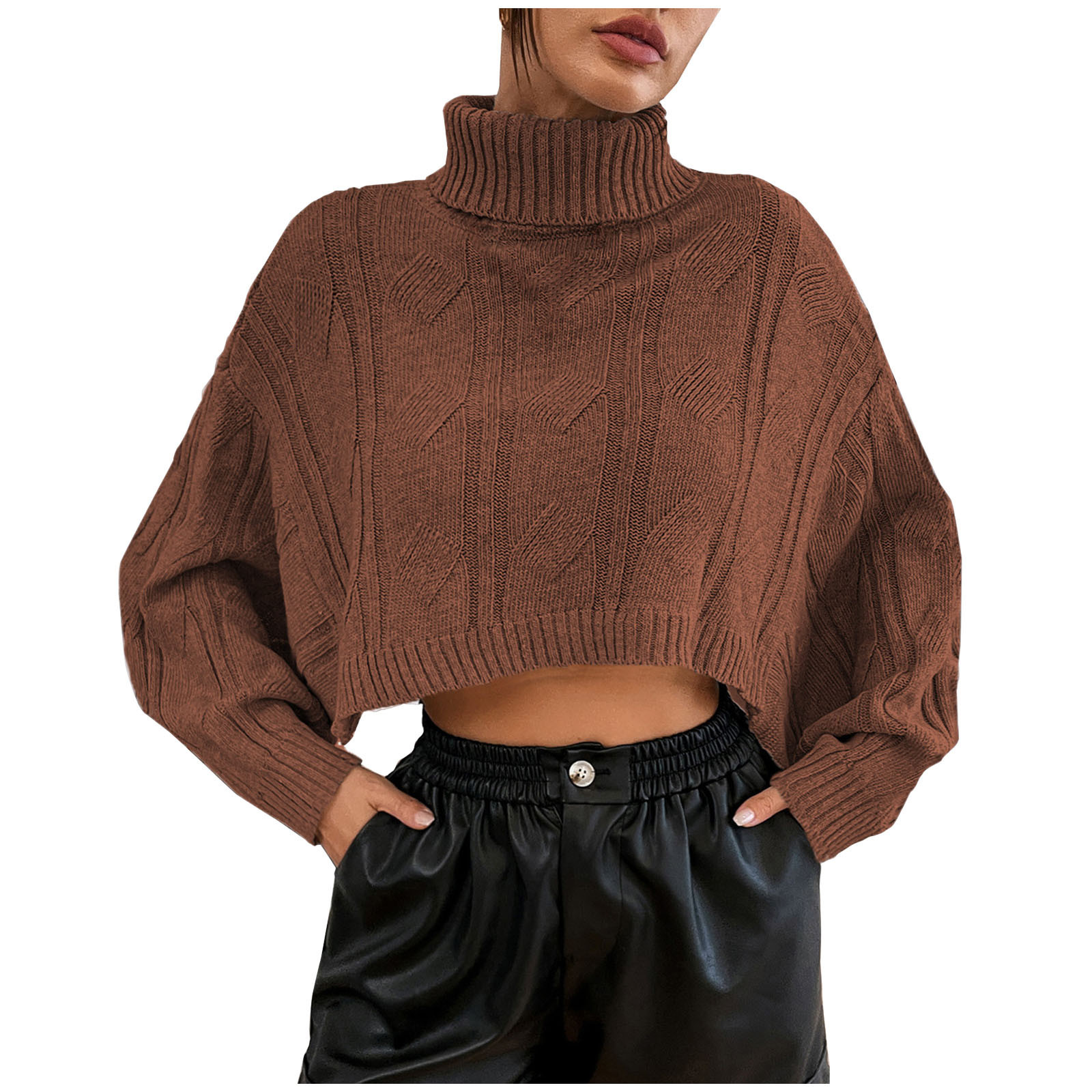 XFLWAM Women's Turtleneck Knit Sweaters Casual Long Batwing Sleeve Pullover Cropped Cute Jumper D... | Walmart (US)