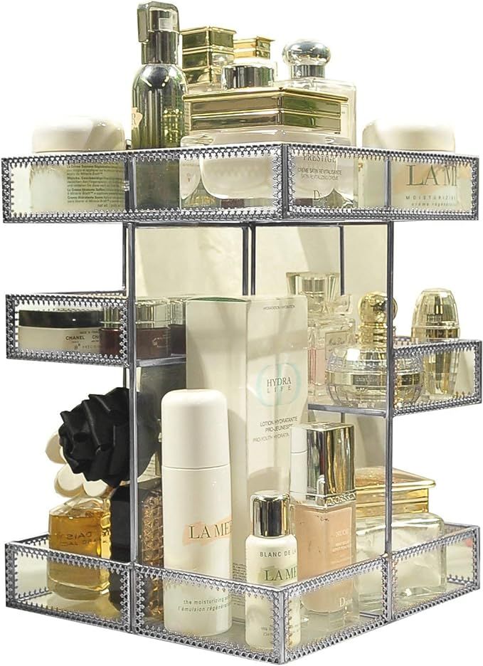 360 Degree Rotation Makeup Organizer Antique Countertop Cosmetic Storage Box Mirror Glass Beauty ... | Amazon (US)