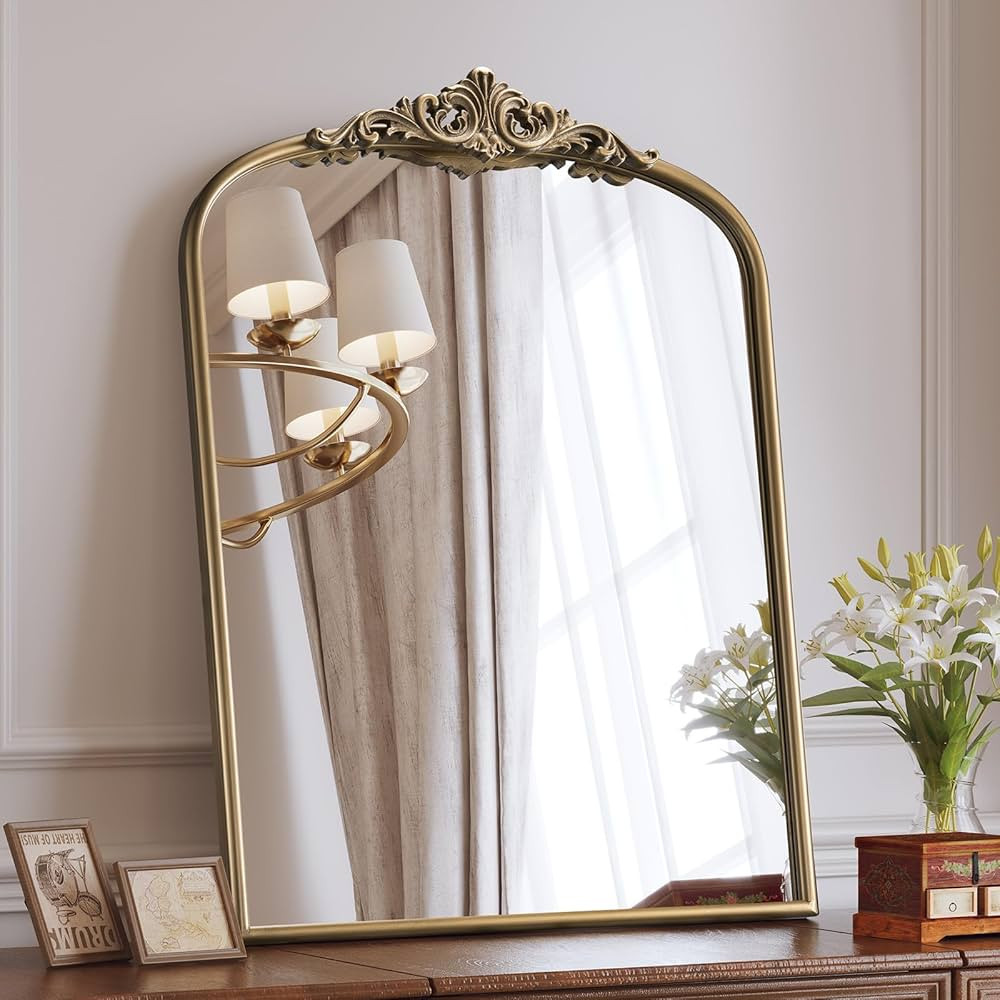 Arched Antique Wall Mirror, 24"x32" Vintage Gold Bathroom Vanity Mirror, Ornate Arch Bronze Mirro... | Amazon (US)