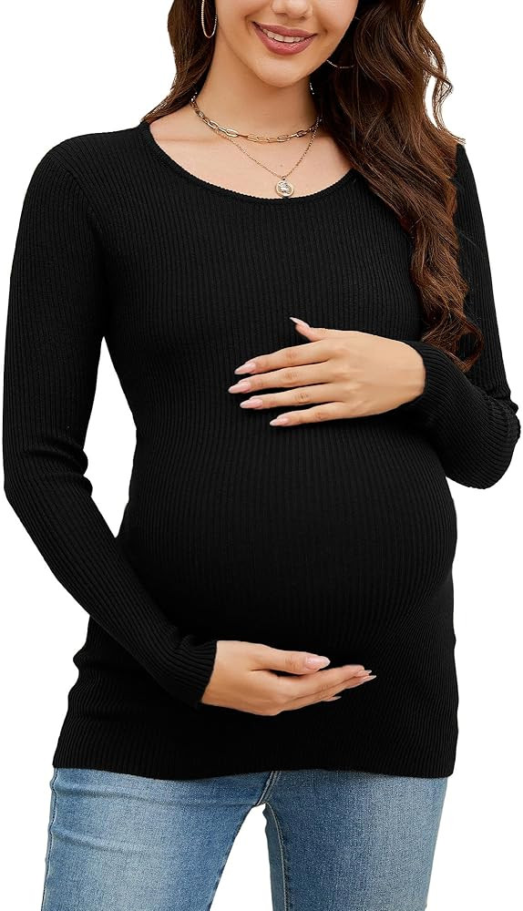 Maternity Shirts Ribbed Knit Long Sleeve Crewneck Pregnancy Tunic Tops Casual Maternity Clothes | Amazon (US)