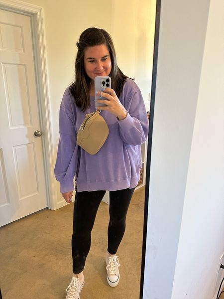 Aerie Crewneck Waffle Sweatshirt & leggings look. Casual mom outfit. Amazon outfit  

#LTKstyletip #LTKSeasonal #LTKsalealert