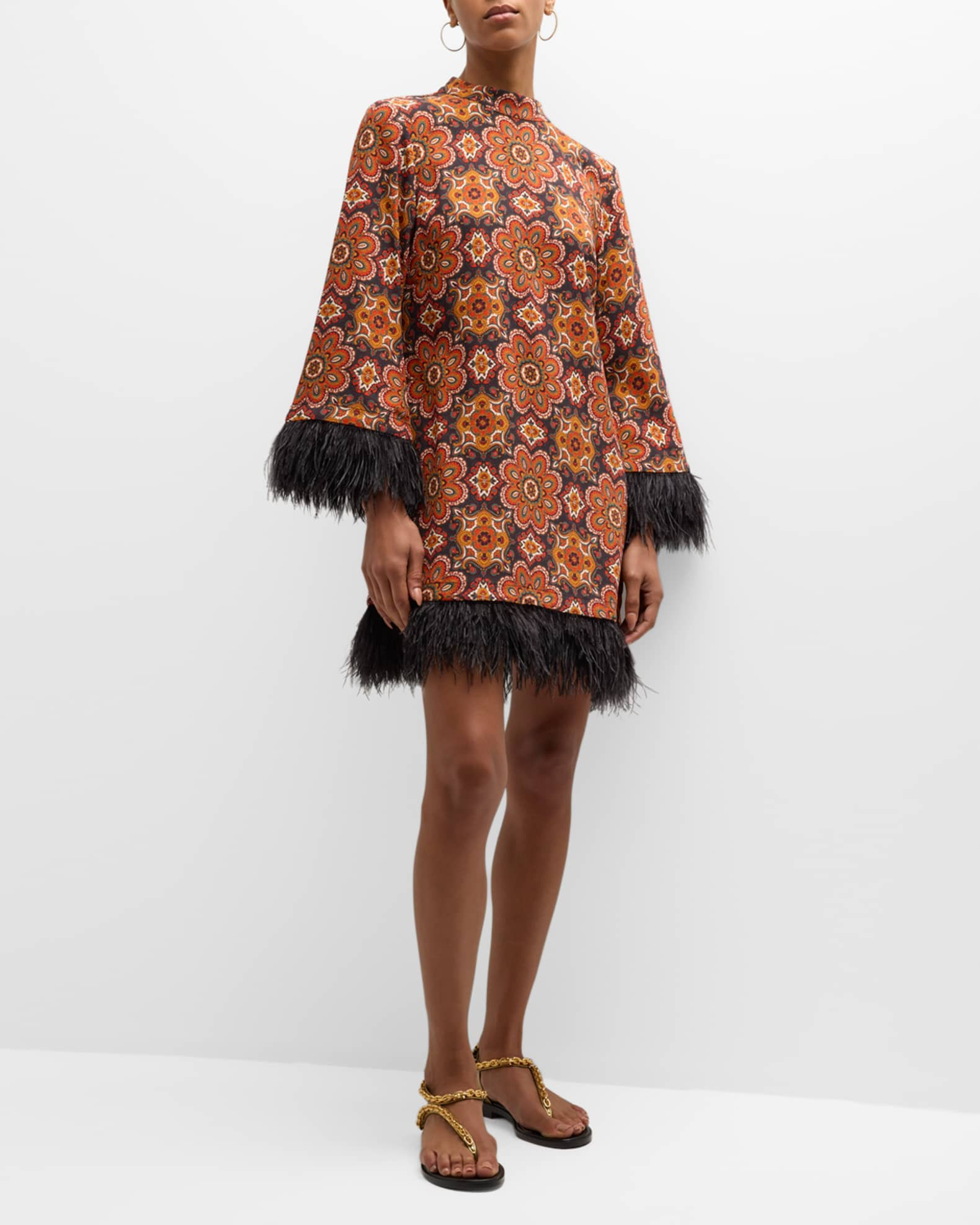 Vida Mock-Neck Medallion-Print Feather-Trim Mini Dress | Neiman Marcus