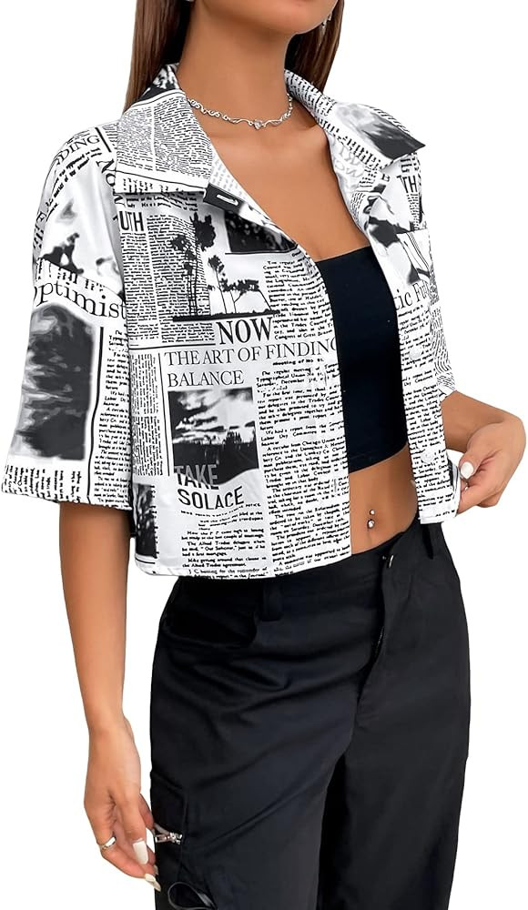 SOLY HUX Women's Figure Print Button Down Shirt Graphic Pattern Short Sleeve Crop Tops Casual Blo... | Amazon (US)