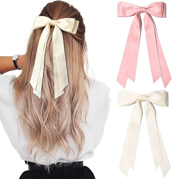 2PCS Silky Satin Hair Bows Hair Clip Beige Pink Hair Ribbon Ponytail Holder Accessories Slides Me... | Amazon (US)