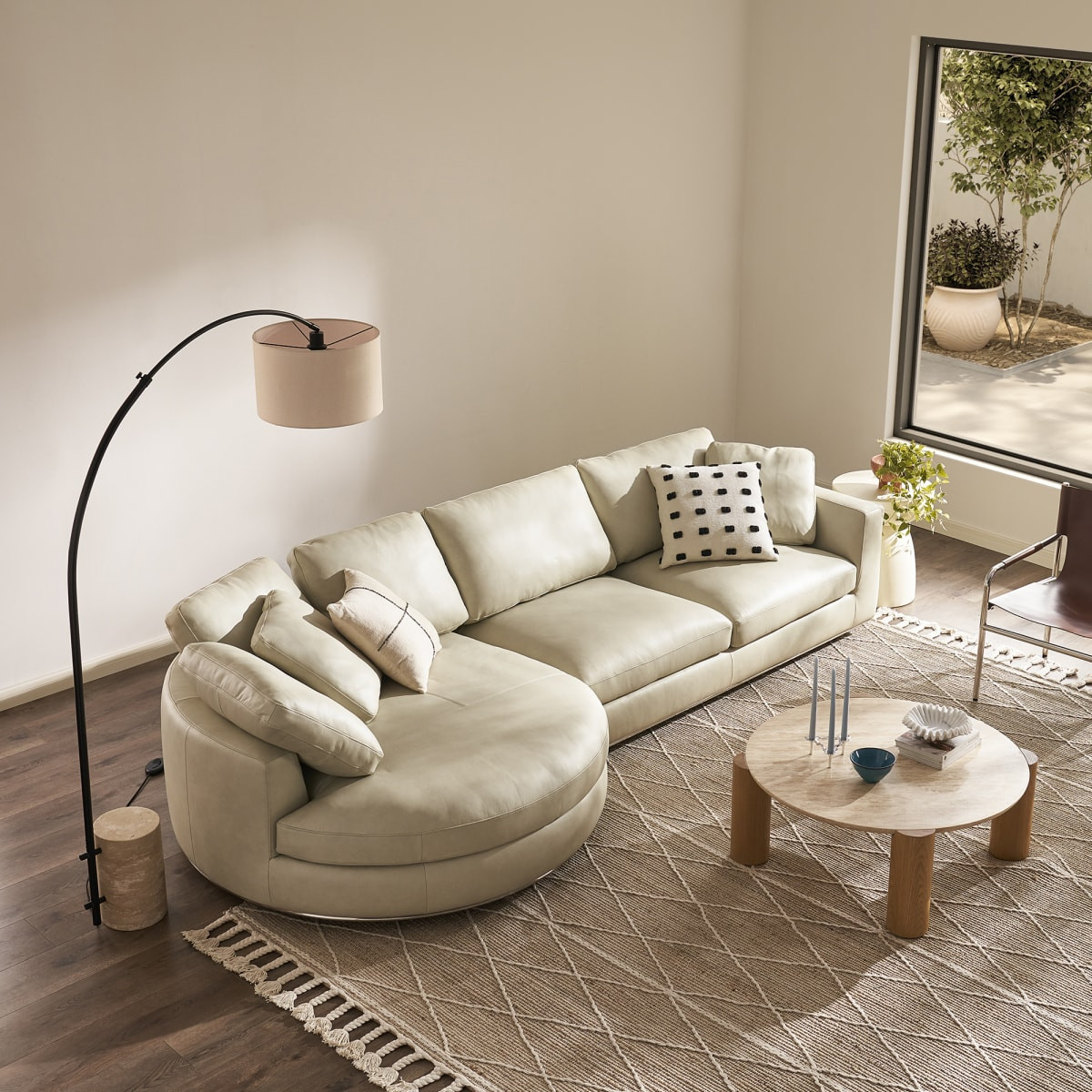 Beige Top Grain Leather Round Left Chaise Sectional Sofa | Hamilton by Castlery, Modern Minimalist Design, Deep Seats, Comfortable Reclining | Castlery US