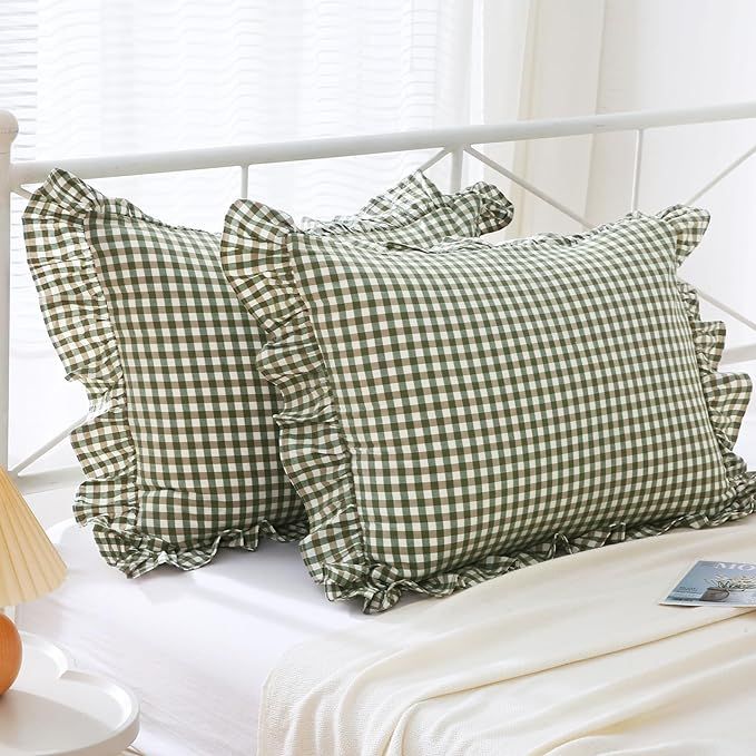 Sage Green Plaid Ruffle Queen Size Pillow Shams 20"x30",2 Pack Washed Cotton Checkered Gingham Fa... | Amazon (US)