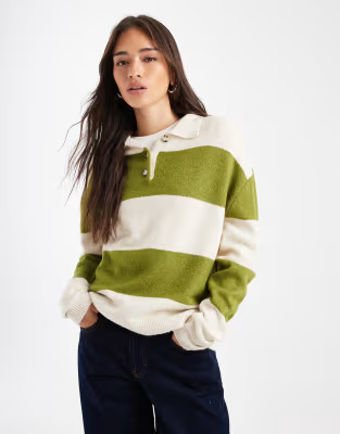 ASOS DESIGN knit rugby top in olive stripe | ASOS | ASOS (Global)