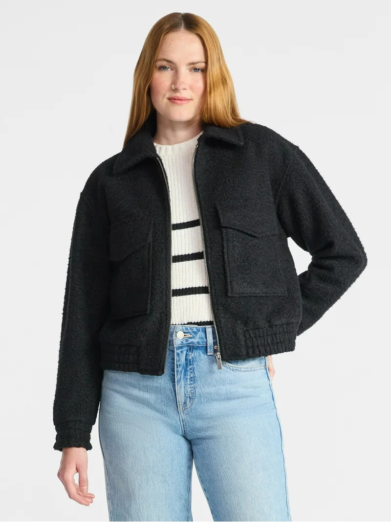 Time and Tru Women's Boucle Zip Bomber Jacket, Midweight, Sizes XS-XXXL | Walmart (US)