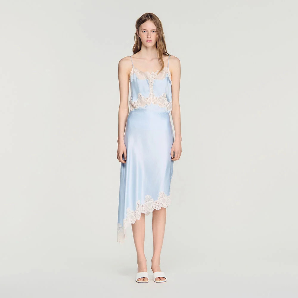 Asymmetrical satin skirt with lace | Sandro US | Sandro-Paris US