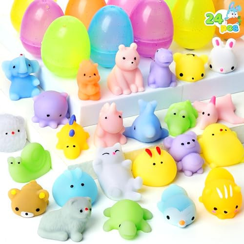 JOYIN 24 Pcs Easter Prefilled Eggs with Mochi Squishy Toys, Animal Stress Reliever Squishy Toy for Glitter Transparent Easter Eggs Filler, Kids Party Favor, Basket Stuffers, Classroom Prize Supplies | Amazon (US)