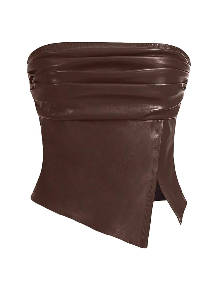 MakeMeChic Women's Leather Tops Strapless Concert Bandeau Crop Tube Tops Ruched Split Club Shirt | Amazon (US)