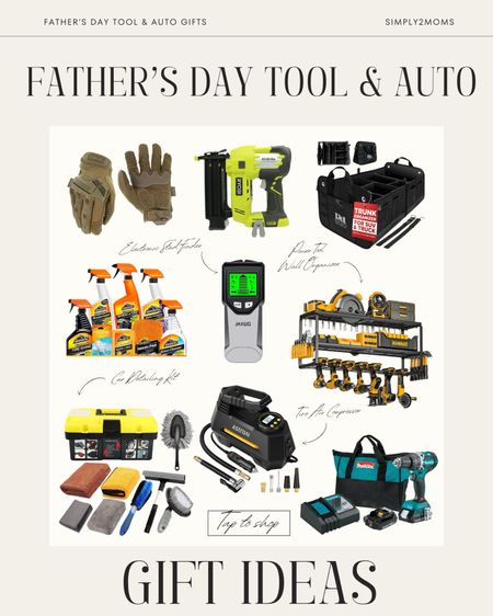 Shop the best power tools and auto supplies for Dad this Father’s Day. Get him new work gloves, a nail gun, power drill set, a smart stud finder, or a wall tool organizer to keep all his tools stored safely. For Dads car, a portable tire air compressor is good to have on hand, and a turn organizer keeps his truck or car clean. Speaking of clean, help dad keep his car, looking like new with an auto detailing kit or car cleaning kit. 

#LTKGiftGuide #LTKMens #LTKHome
