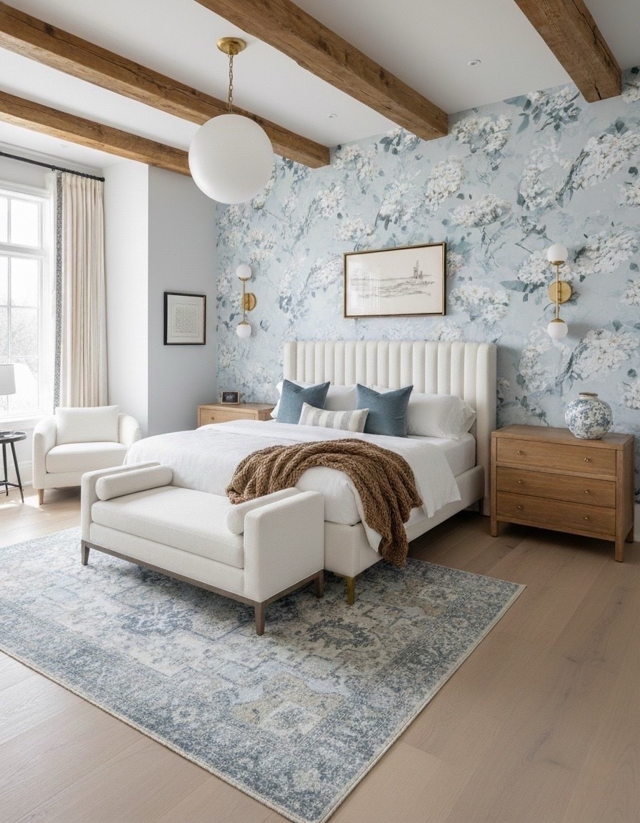 Bedroom Refresh : Shop The Look.
• White upholstered bed
• Blue vase
• Blue throw pillow
• Beige white upholstered bench
• Blue floral wallpaper
• Oak wood nightstand
• Brass round globe wall sconces
• White round globe  pendant light
• Blue vintage traditional rug
• White fabric wood accent chair
• Blue velvet pillows
• Ivory brown knit throw blanket

#LTKhome #LTKsale #LTKstyletip
