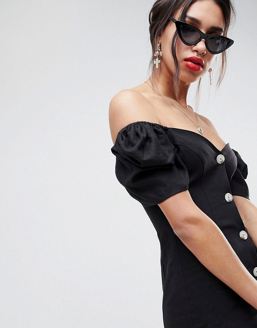 ASOS DESIGN linen off shoulder mini dress with tortoiseshell buttons - Black | ASOS US