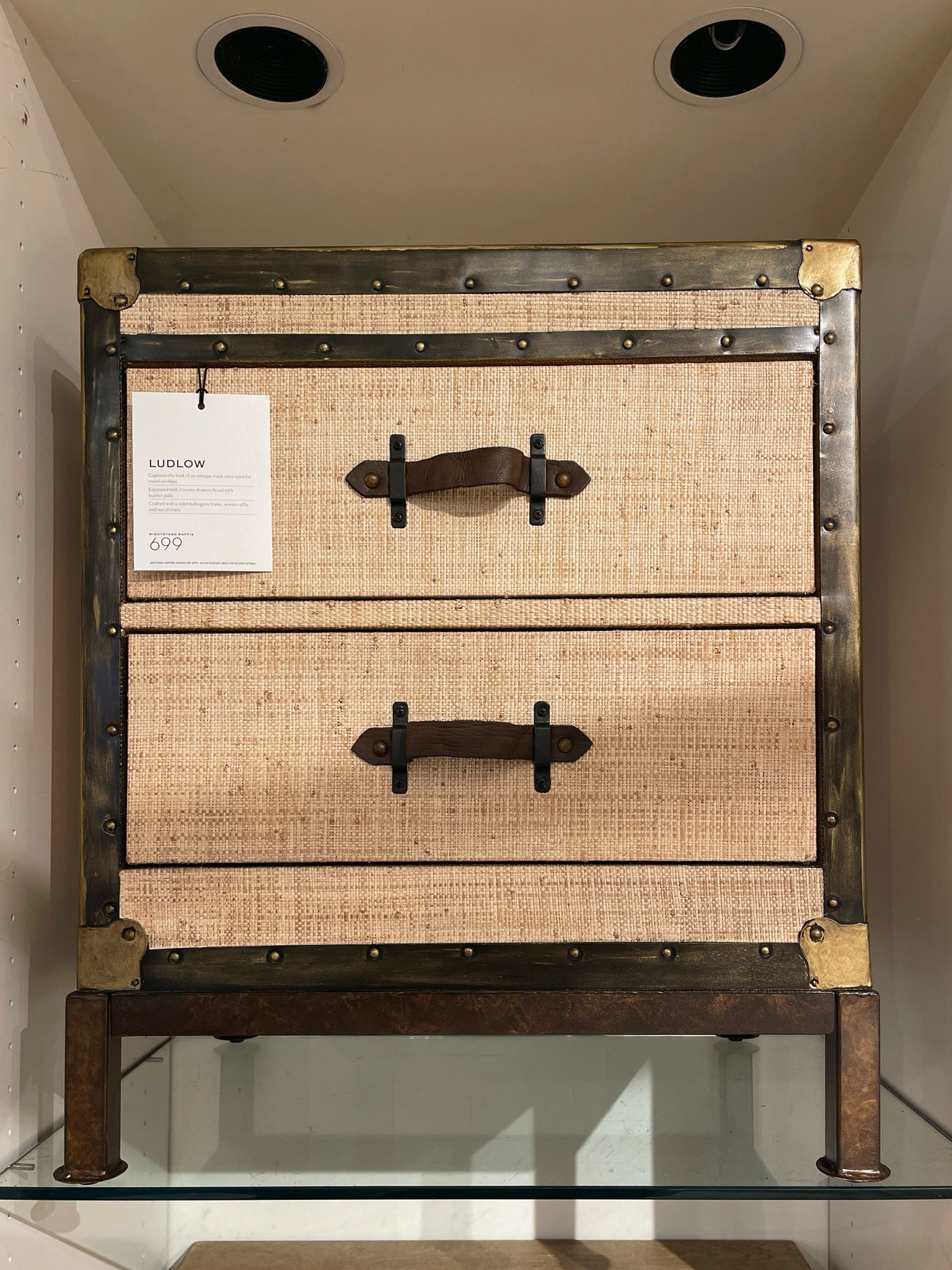 Vintage trunk chest nightstand. Mixed materials - woven raffia, antiqued metal, and leather add contrast and texture to the room. 🤎 Comes in different furniture designs! 
