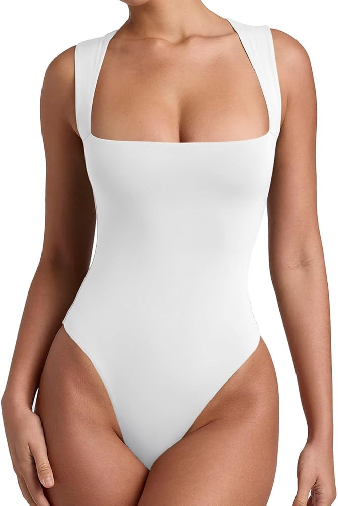 REORIA Women’s Sexy Sleeveless Square Neck Double Lined Bodysuit Tank Tops | Amazon (US)