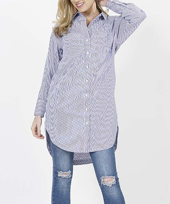 Lydiane Women's Tunics Denim/White - Denim & White Stripe Long-Sleeve Hi-Low Shirt Dress - Women | Zulily