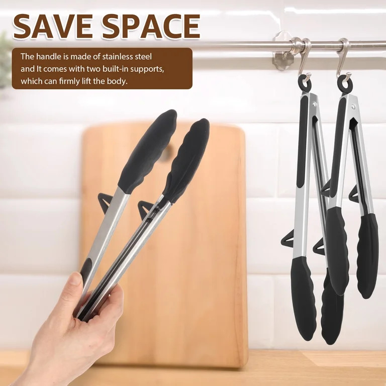 3 Pcs Food Tongs for Cooking Heat Resistant Silicone and 430 Stainless Steel Black Kitchen Tongs ... | Walmart (US)