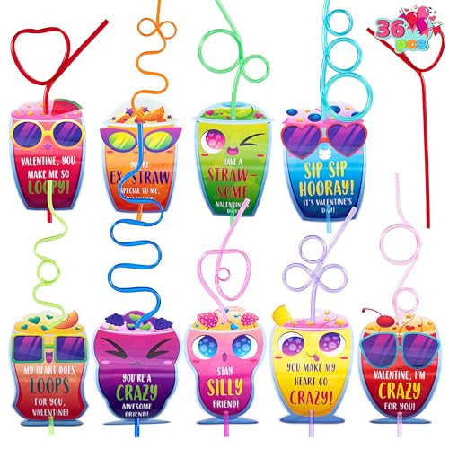 JOYIN 36 Pack Valentines Day Gift Cards with Colorful Loop Reusable Drinking Straws for Valentine Party Favors Toy, Kids Classroom Gift Exchange Prizes | Amazon (US)