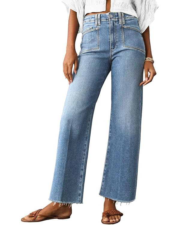 Cicy Bell Womens High Waisted Cropped Jeans Trendy Stretchy Baggy Straight Leg Raw Hem Capri Deni... | Amazon (US)